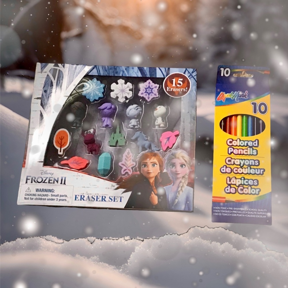 Disney Frozen 2 Erasers Anna Elsa Sven Olaf 15 & 10 LiquiMark Colored Pencils